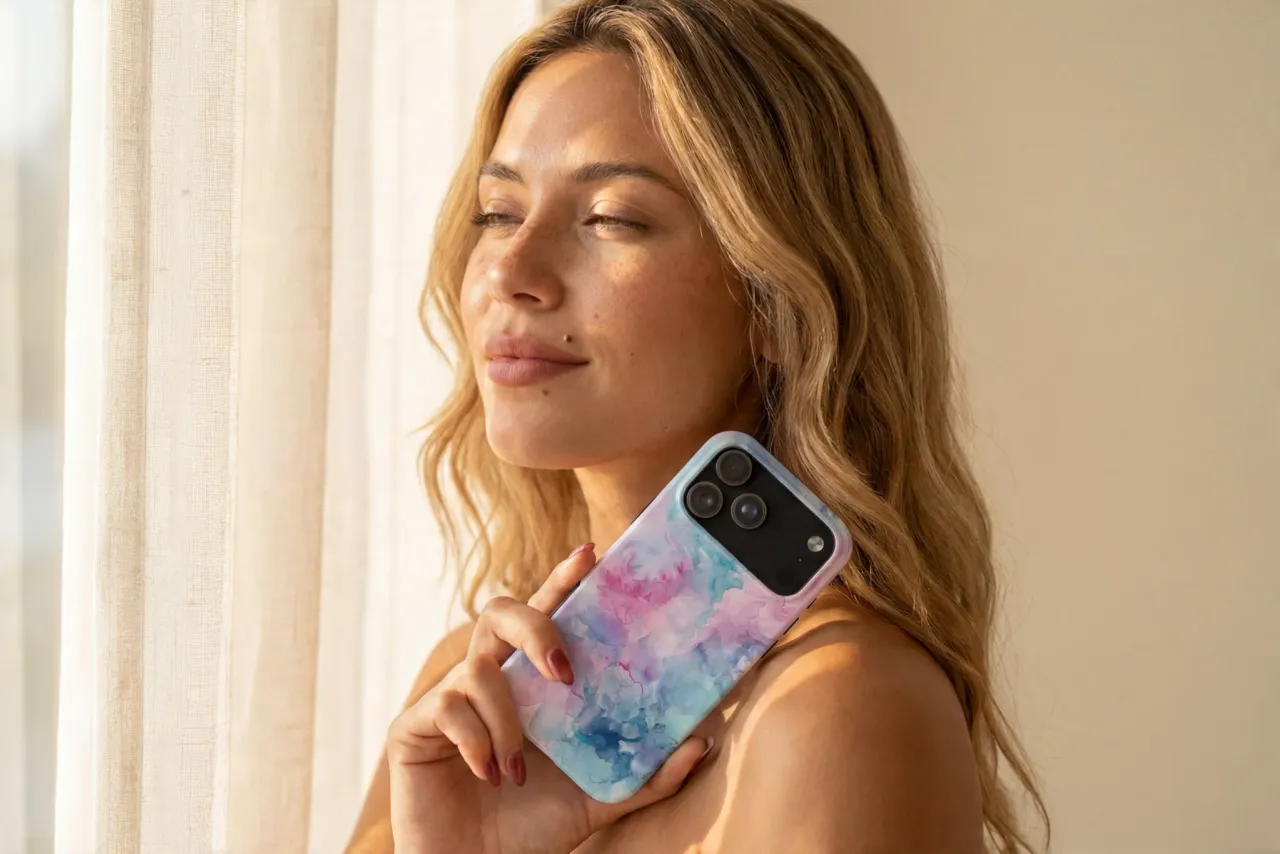 Woman in warm window light holding an iPhone case with a pink and blue watercolor design