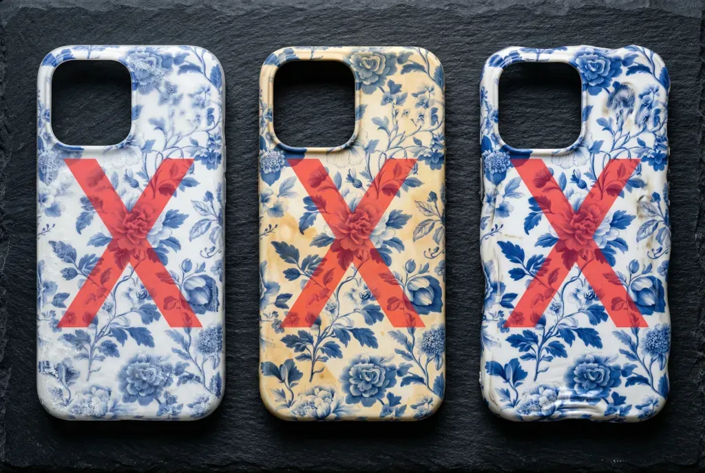 Three damaged phone cases side by side — one cloudy from acetone, one discolored from bleach, one warped from heat