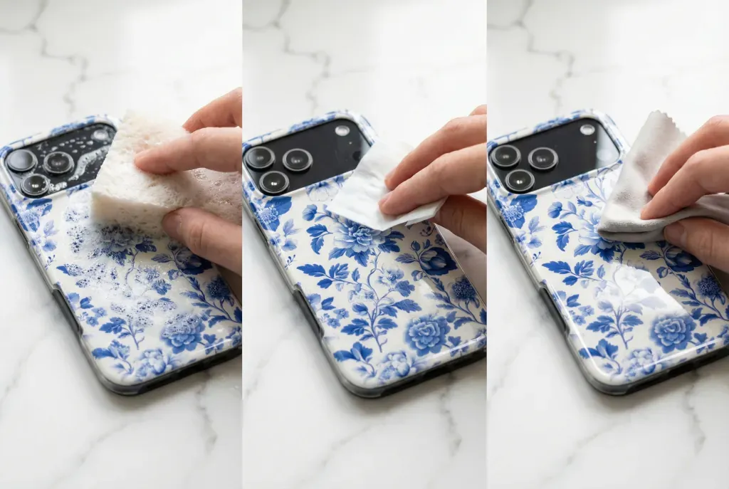 The 3-step cleaning process — soapy water wash, alcohol wipe, and dry microfiber buff