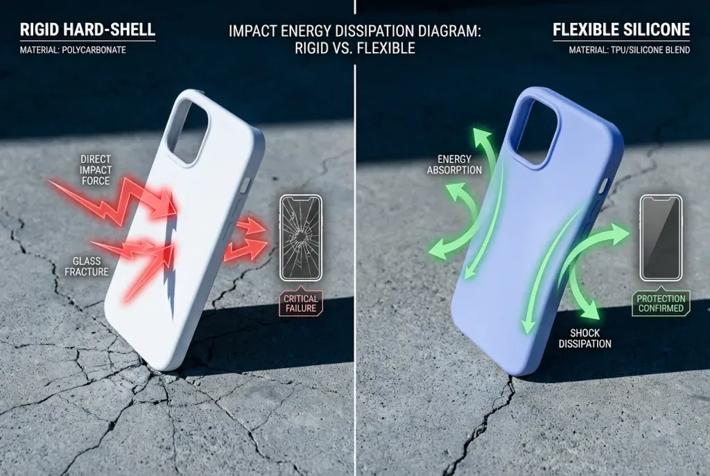 Shockwave arrows traveling through a rigid hard shell case directly into the phone glass versus being absorbed by a flexible case