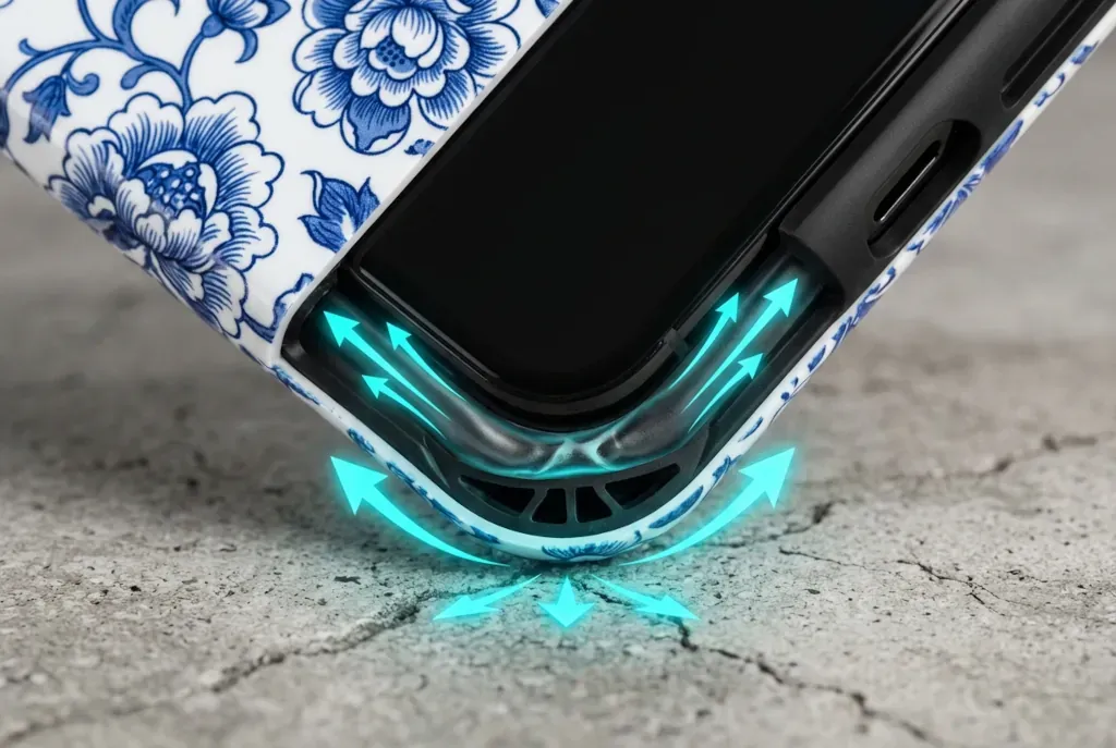 Cross-section of a TPU case corner showing internal air pocket compression during impact, with arrows indicating energy absorption