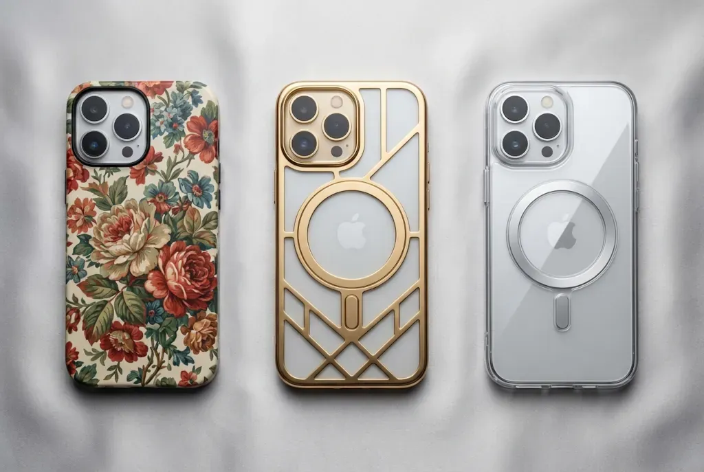 Three phone cases showing different MagSafe styling approaches — hidden behind an opaque floral print, integrated as a gold geometric ring design, and visible through a clear case