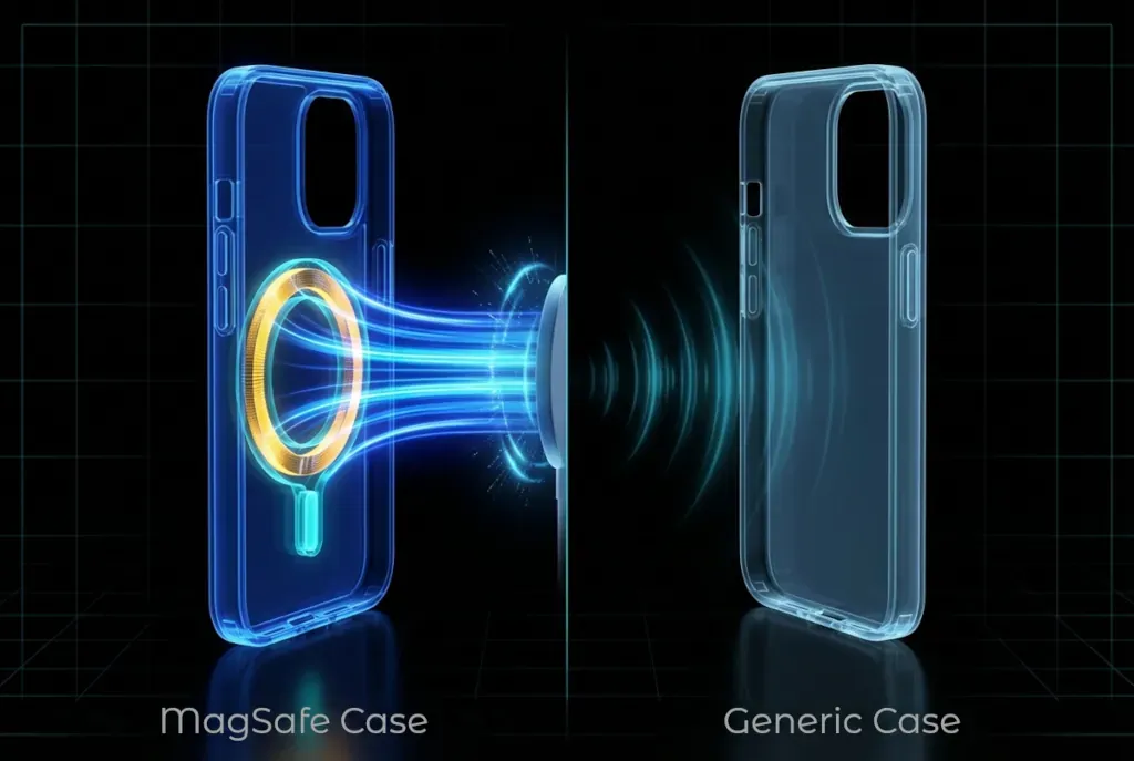 Comparing a case with visible N52 magnet ring versus a generic case with no internal magnets, showing magnetic field strength difference
