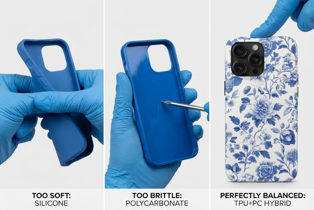 Side-by-side comparison of TPU, Polycarbonate, and Silicone materials showing flexibility, texture, and durability characteristics