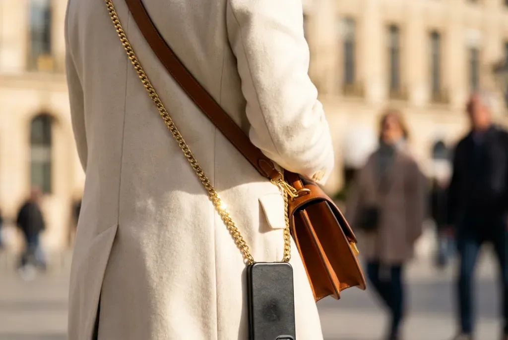 Crossbody phone case with gold chain strap layered with a shorter leather bag strap