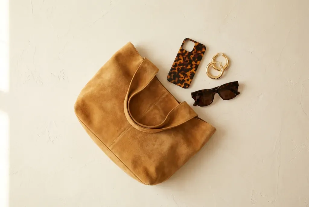 Tan suede tote bag, tortoiseshell phone case, gold hoop earrings, and dark sunglasses