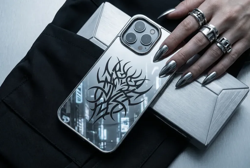 Mirror-finish phone case alongside silver jewelry, metallic clutch, and dark clothing