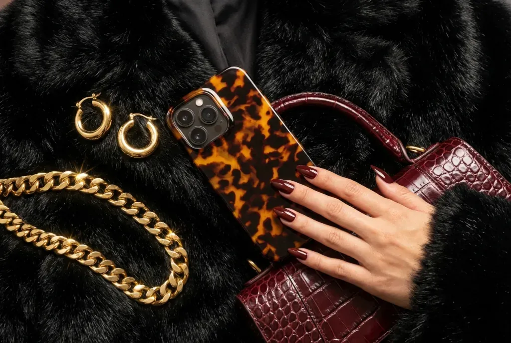 Tortoiseshell phone case paired with gold jewelry, fur-trimmed coat, and structured leather handbag
